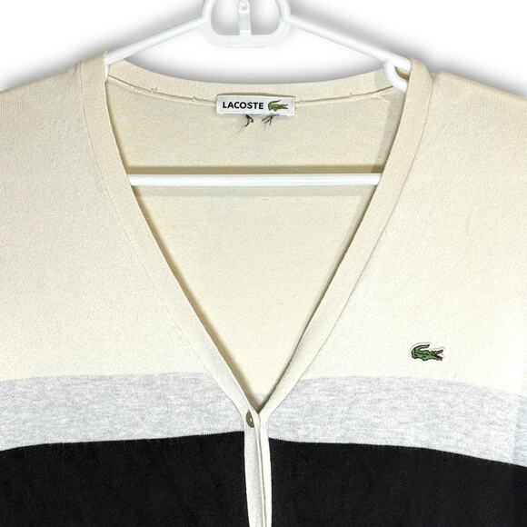 Lacoste Colorblock Knit Cardigan Ivory Gray Black V-Neck Logo Button Front S/M - Picture 7 of 8